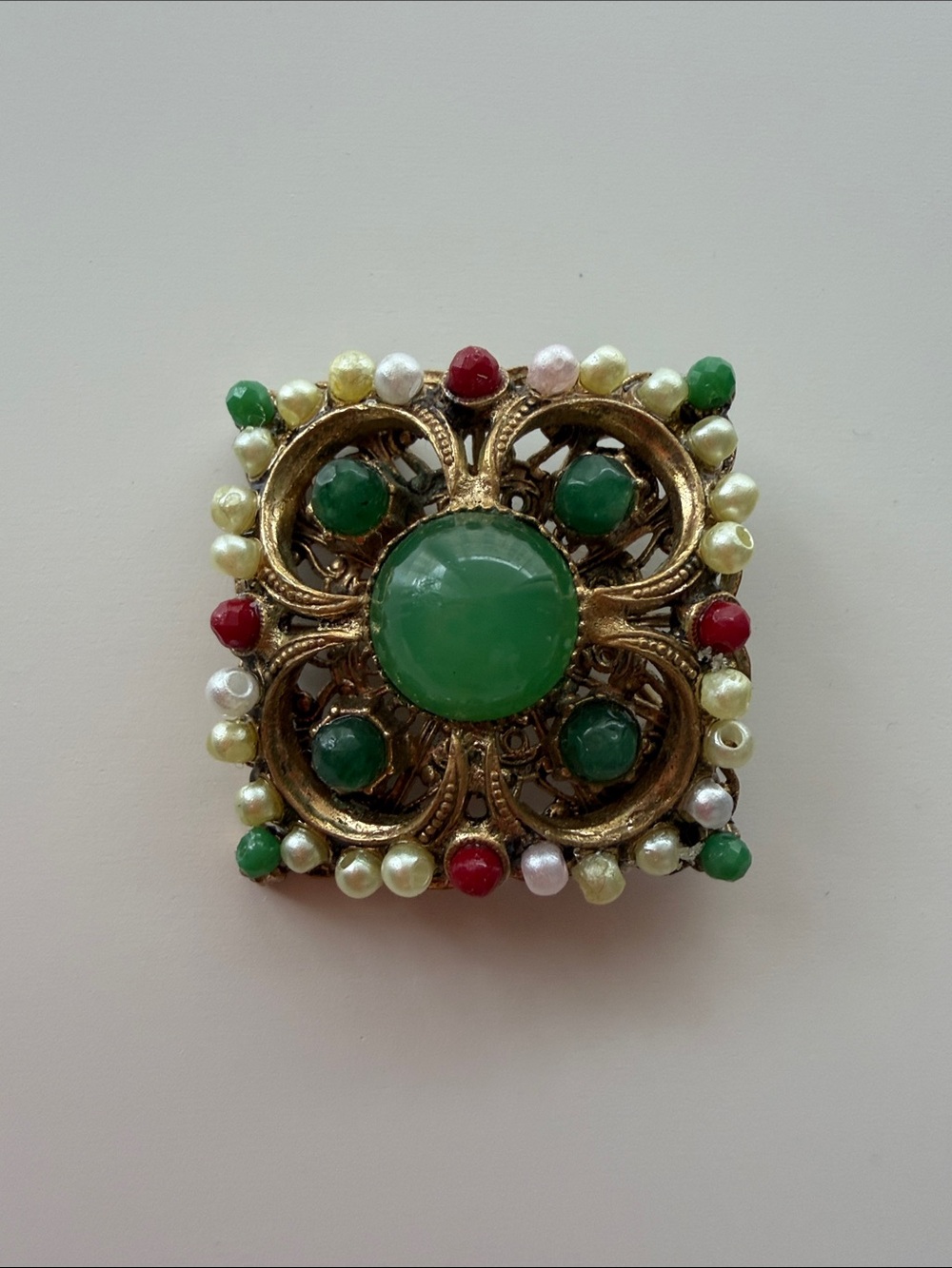 Vintage Gold-Tone Green Stone and Pearl Accent Brooch